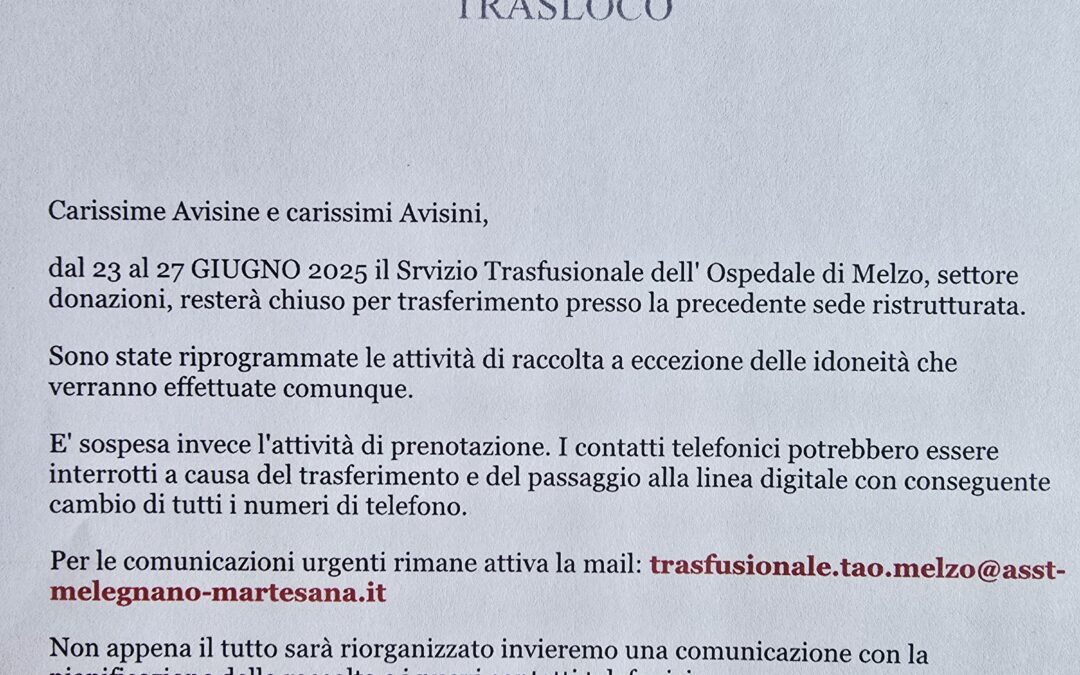 Chiusura del Centro Trasfusionale per trasloco