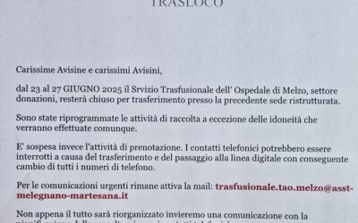 Chiusura del Centro Trasfusionale per trasloco